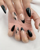 Hand-Painted Black Lotus Almond Shaped Nails with Sticky Tabs & Kit A074