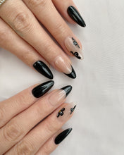 Load image into Gallery viewer, Hand-Painted Black Lotus Almond Shaped Nails with Sticky Tabs &amp; Kit A074