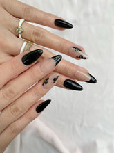 Load image into Gallery viewer, Hand-Painted Black Lotus Almond Shaped Nails with Sticky Tabs &amp; Kit A074