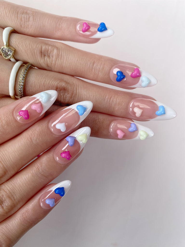Hand-Painted Candy Hearts Almond Shaped Nails with Sticky Tabs & Kit A120