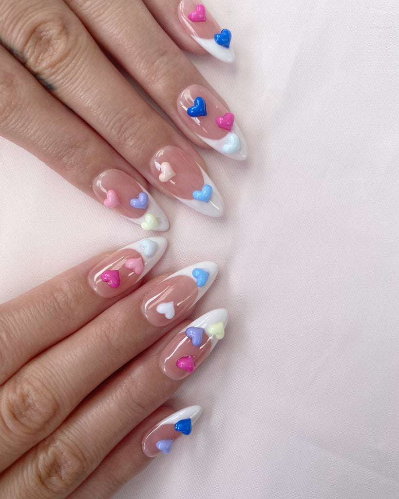 Hand-Painted Candy Hearts Almond Shaped Nails with Sticky Tabs & Kit A120
