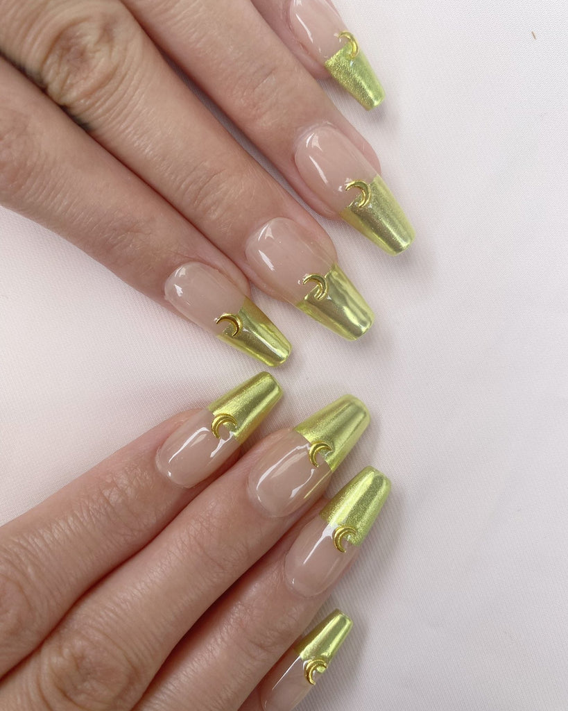 Hand-Painted Gold Moon Coffin Press-On Nails with Sticky Tabs & Kit A137