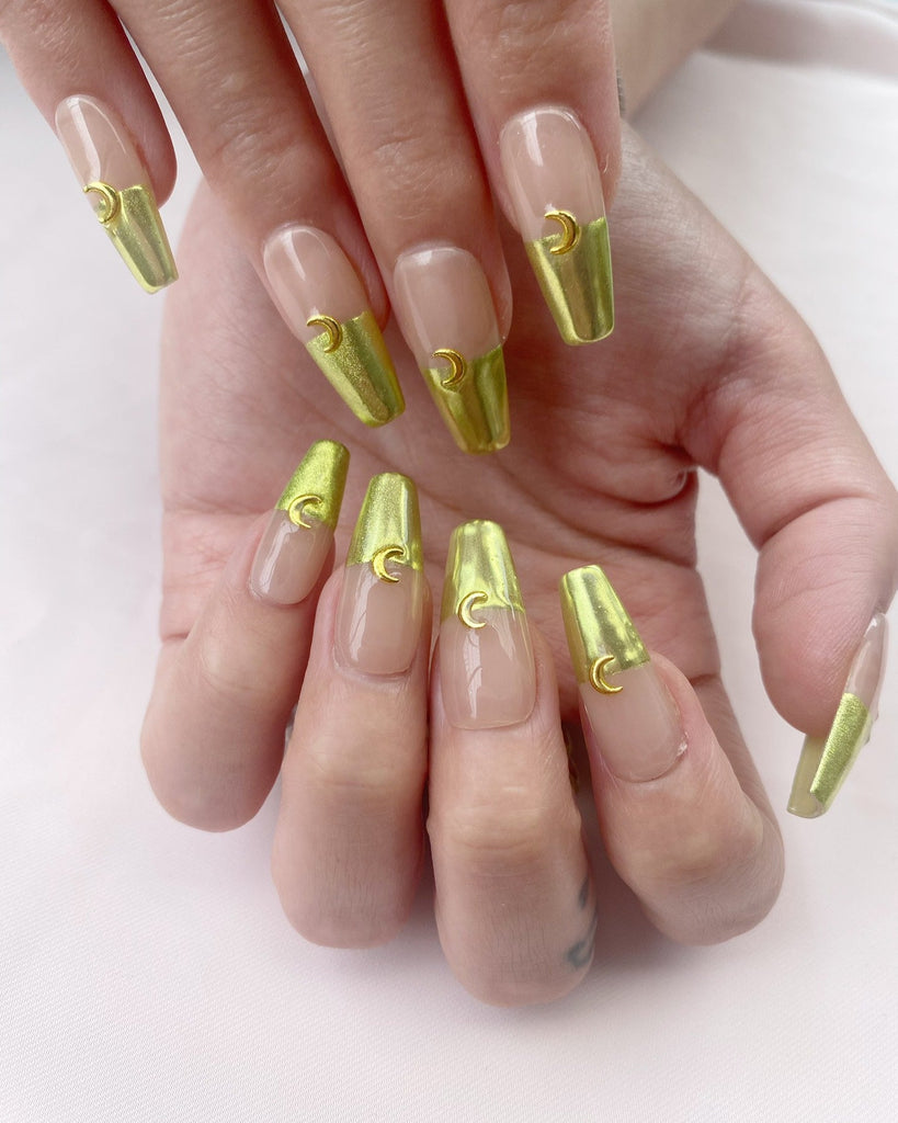 Hand-Painted Gold Moon Coffin Press-On Nails with Sticky Tabs & Kit A137