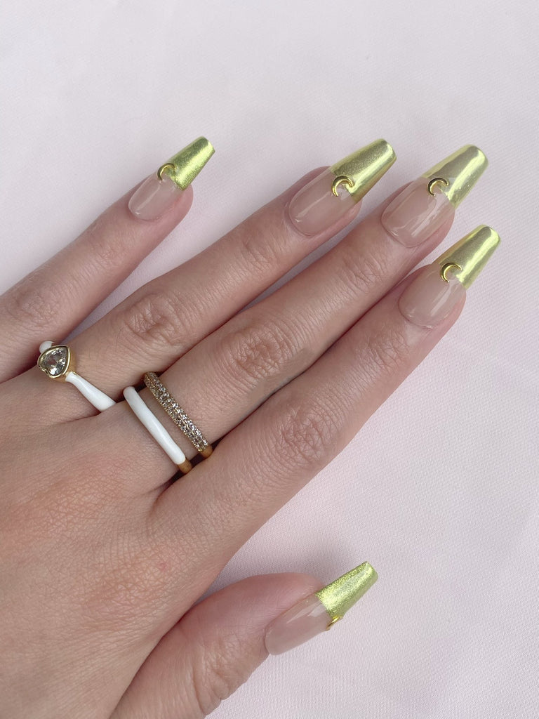Hand-Painted Gold Moon Coffin Press-On Nails with Sticky Tabs & Kit A137