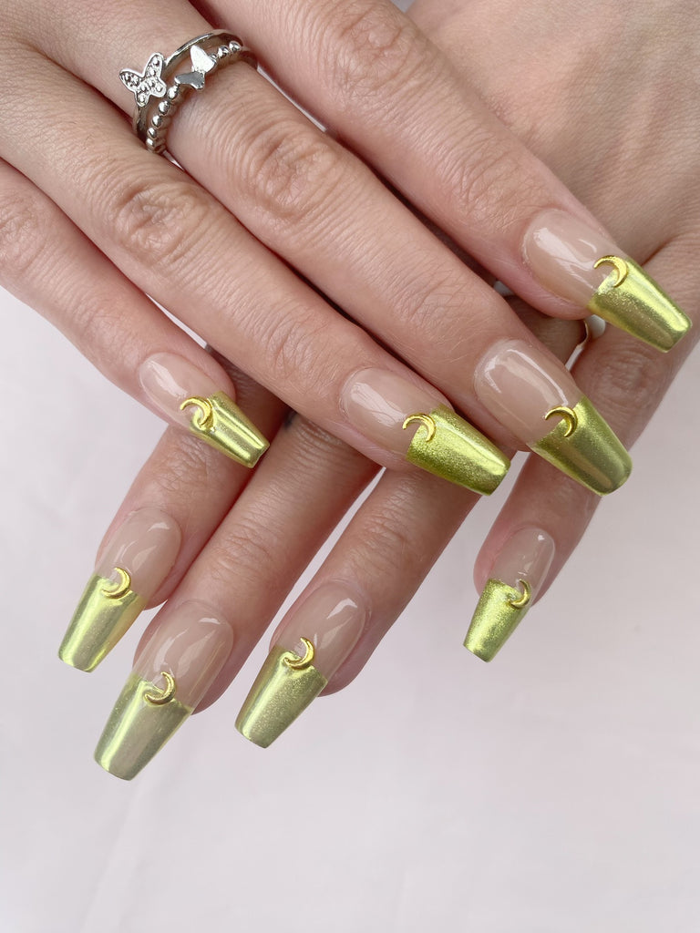 Hand-Painted Gold Moon Coffin Press-On Nails with Sticky Tabs & Kit A137