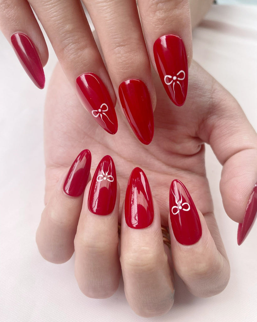 Hand-Painted Silk Bow Almond Shaped Nails with Sticky Tabs & Kit A024