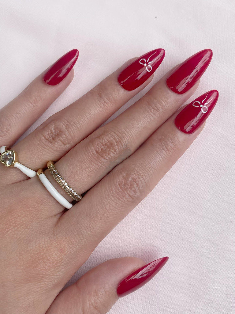 Hand-Painted Silk Bow Almond Shaped Nails with Sticky Tabs & Kit A024