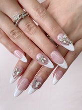 Load image into Gallery viewer, Hand-Painted Victorian Ribbon Almond Shaped Nails with Sticky Tabs &amp; Kit A114