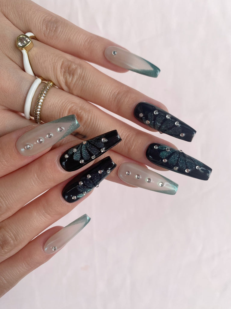 Hand-Painted Obsidian Moth Coffin Press-On Nails with Sticky Tabs & Kit Y101