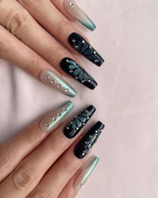 Load image into Gallery viewer, Hand-Painted Obsidian Moth Coffin Press-On Nails with Sticky Tabs &amp; Kit Y101