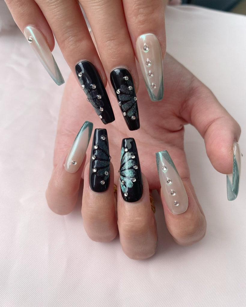 Hand-Painted Obsidian Moth Coffin Press-On Nails with Sticky Tabs & Kit Y101