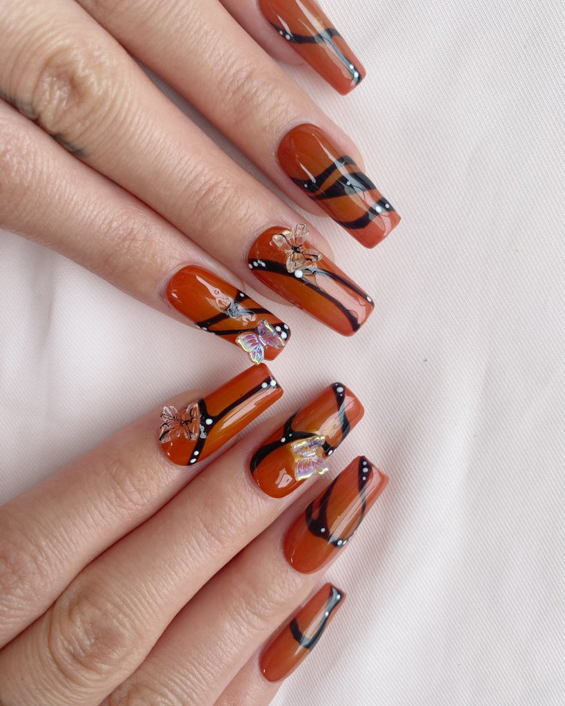 Hand-Painted Rust Wing Coffin Press-On Nails with Sticky Tabs & Kit Y097