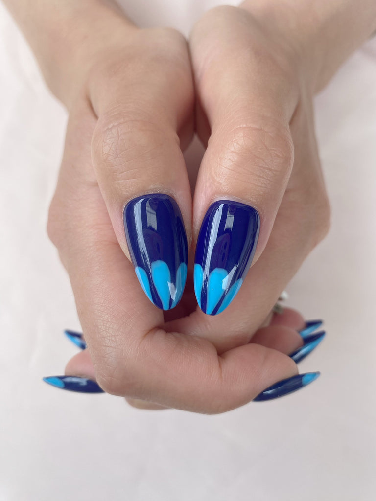 Hand-Painted Midnight Morpho Almond Shaped Nails with Sticky Tabs & Kit Y094