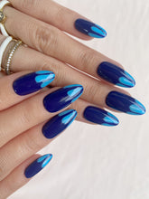 Load image into Gallery viewer, Hand-Painted Midnight Morpho Almond Shaped Nails with Sticky Tabs &amp; Kit Y094