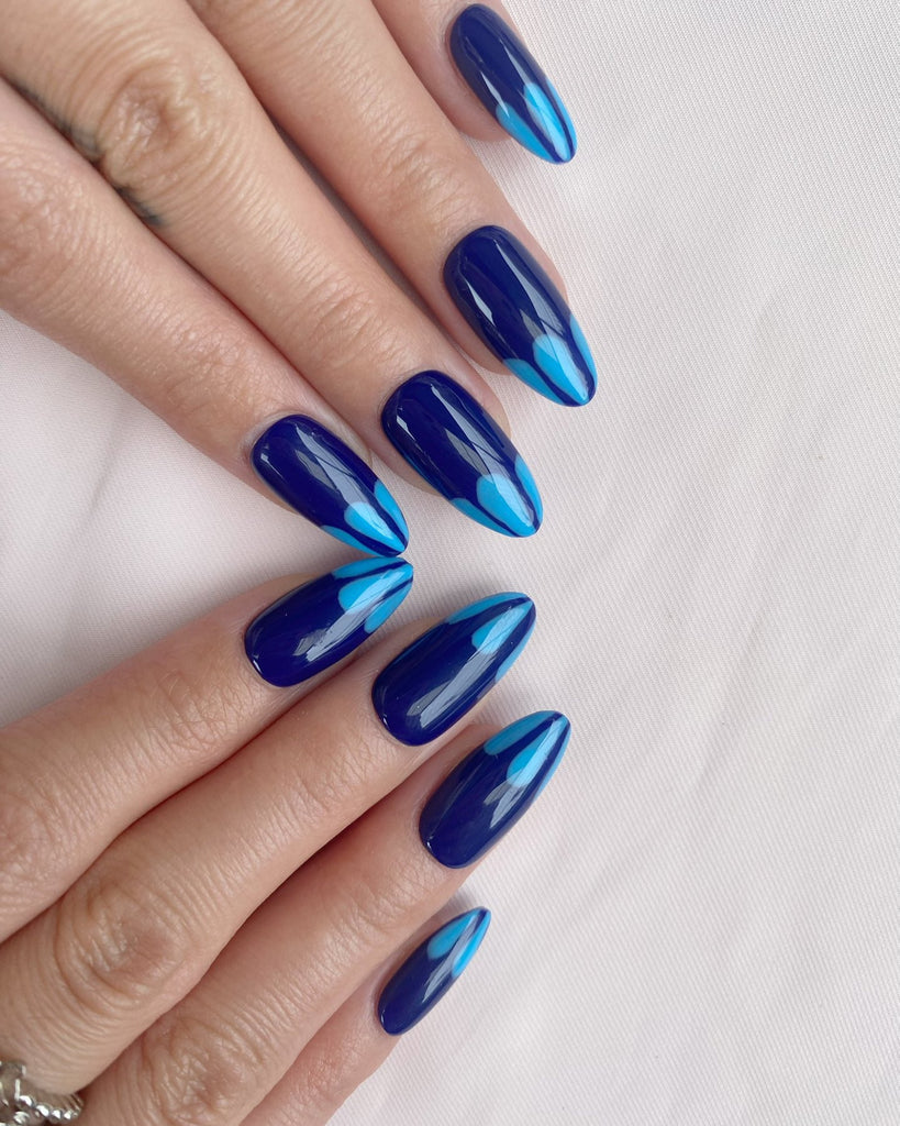 Hand-Painted Midnight Morpho Almond Shaped Nails with Sticky Tabs & Kit Y094