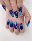 Hand-Painted Midnight Morpho Almond Shaped Nails with Sticky Tabs & Kit Y094