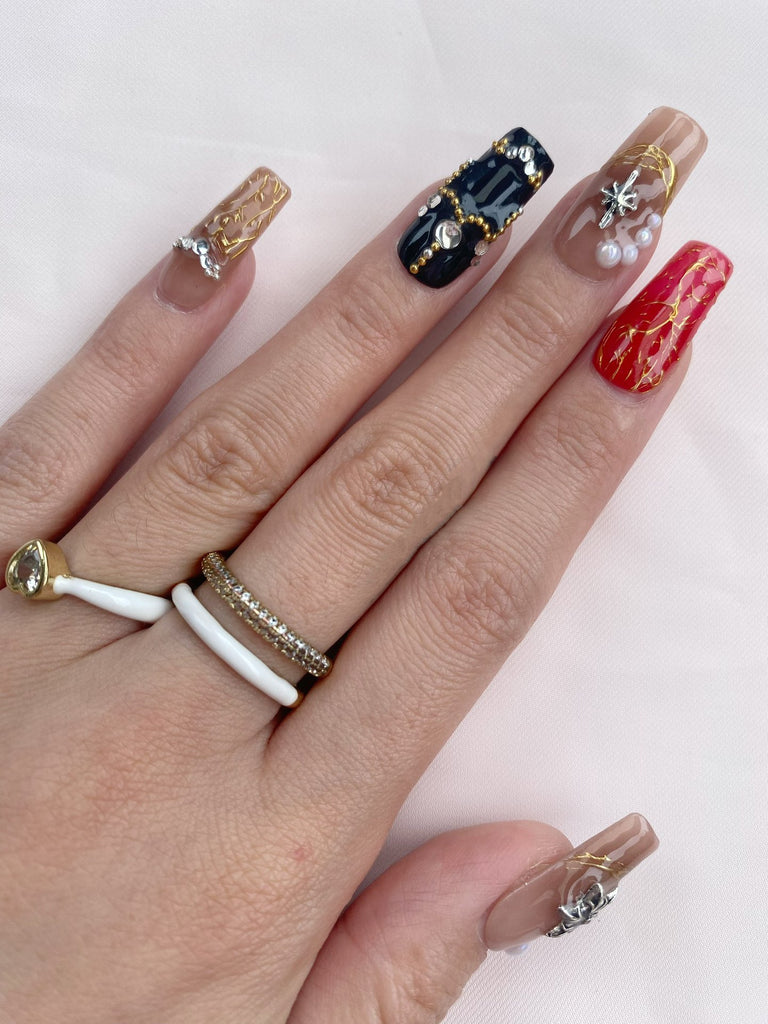 Hand-Painted Cemetery Roses Coffin Press-On Nails with Sticky Tabs & Kit Y028