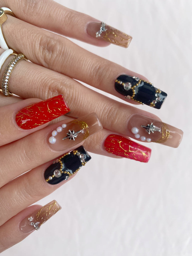 Hand-Painted Cemetery Roses Coffin Press-On Nails with Sticky Tabs & Kit Y028