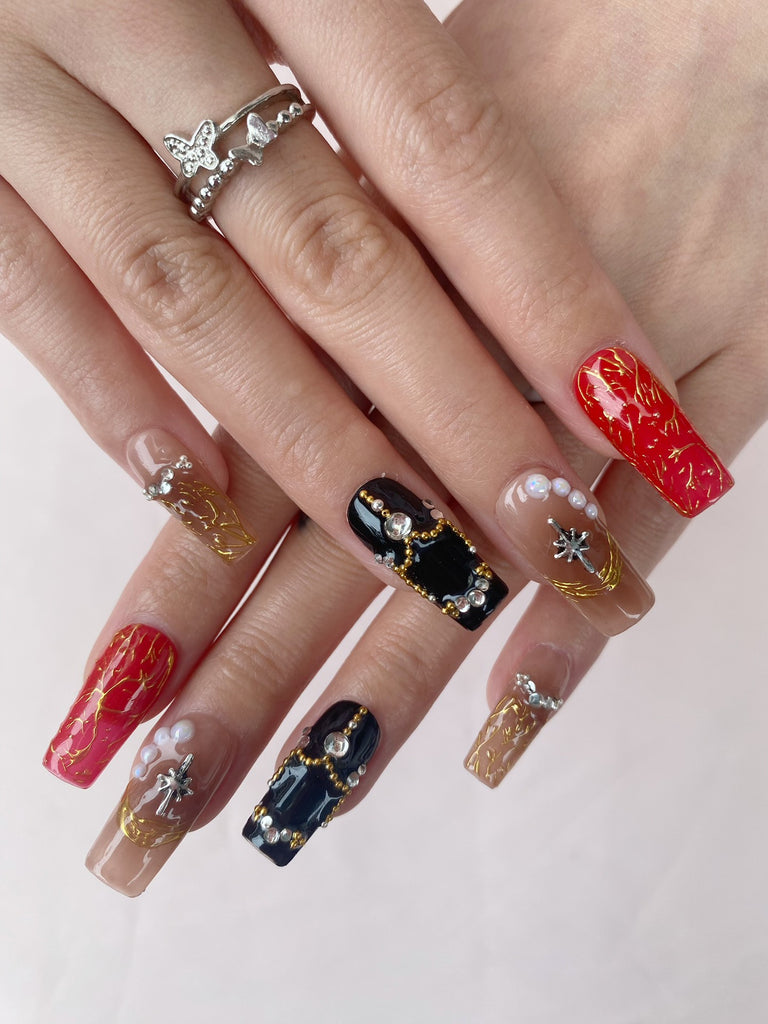 Hand-Painted Cemetery Roses Coffin Press-On Nails with Sticky Tabs & Kit Y028