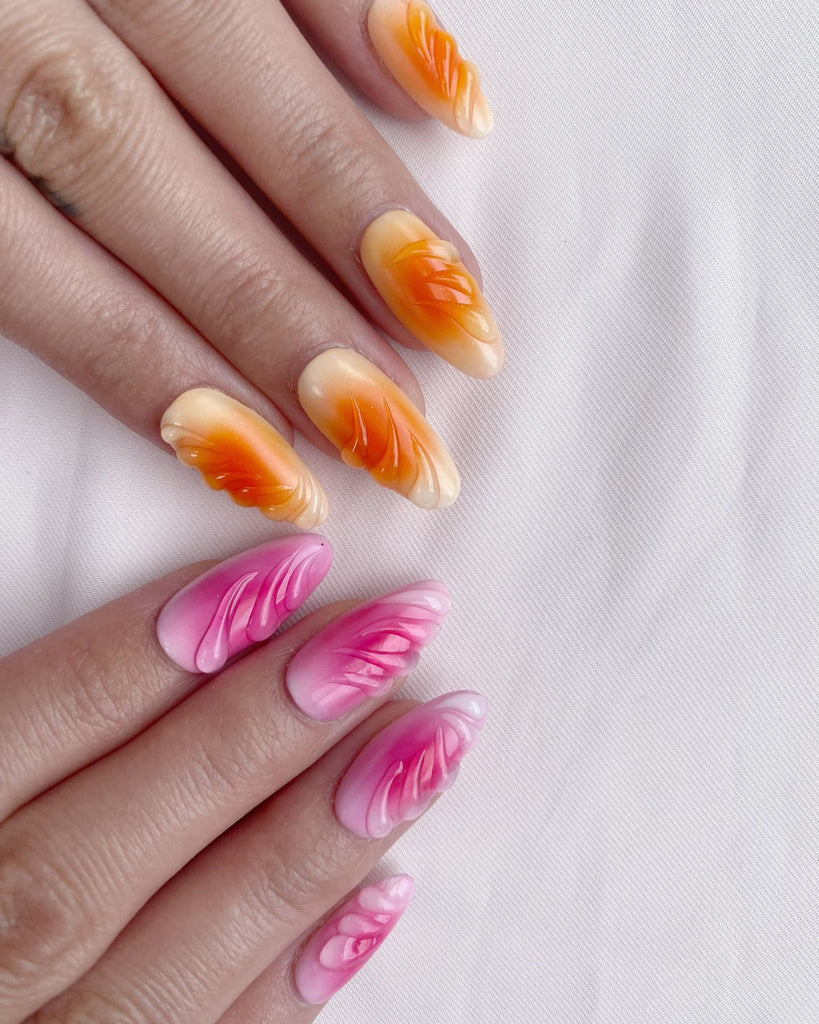 Hand-Painted Sunset Candy Almond Shaped Nails with Sticky Tabs & Kit Y027
