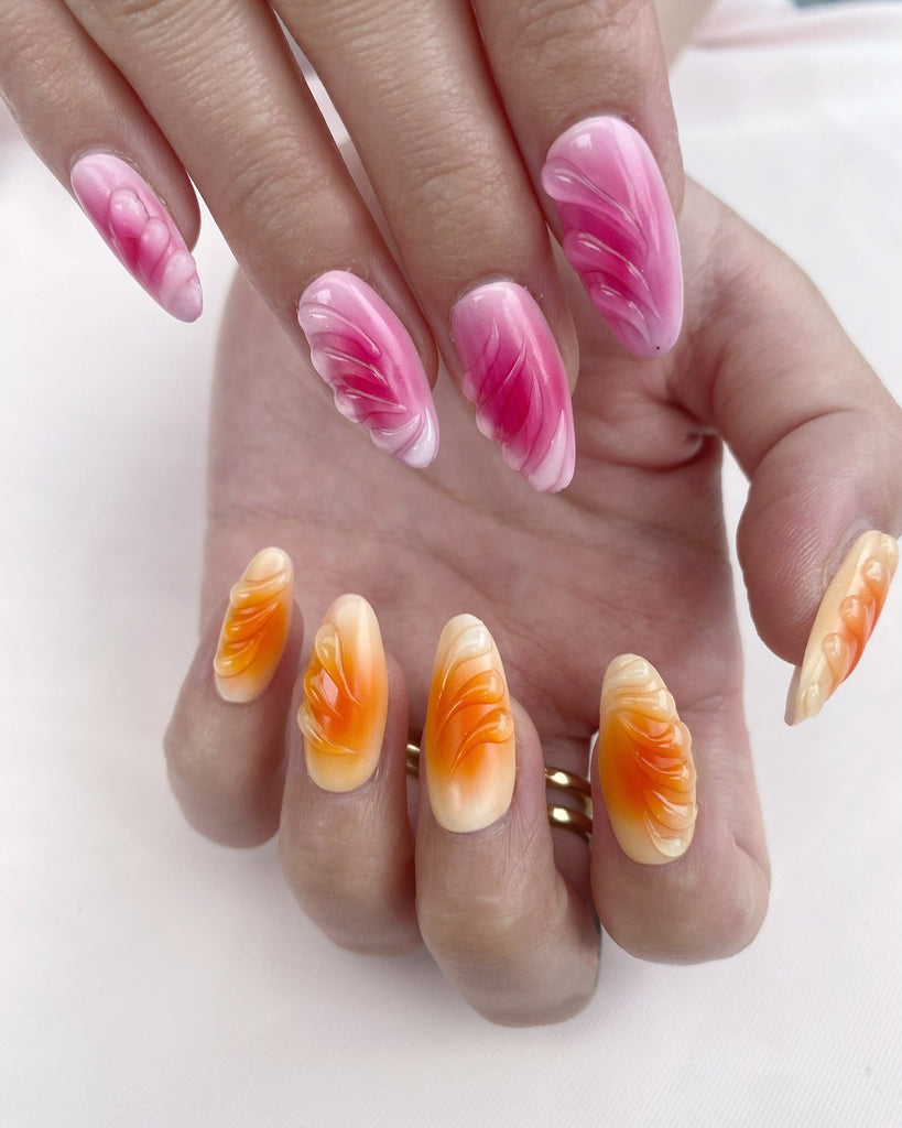 Hand-Painted Sunset Candy Almond Shaped Nails with Sticky Tabs & Kit Y027