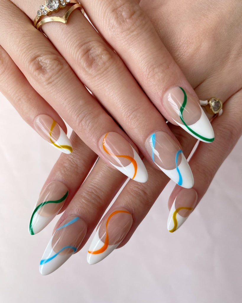 Hand-Painted Messy and Casual Almond Shaped Nails with Sticky Tabs & Kit A151