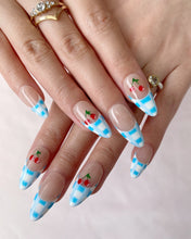Load image into Gallery viewer, Hand-Painted Blue Cherry Almond Shaped Nails with Sticky Tabs &amp; Kit A154