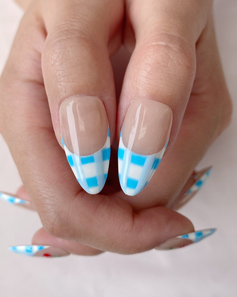 Hand-Painted Blue Cherry Almond Shaped Nails with Sticky Tabs & Kit A154
