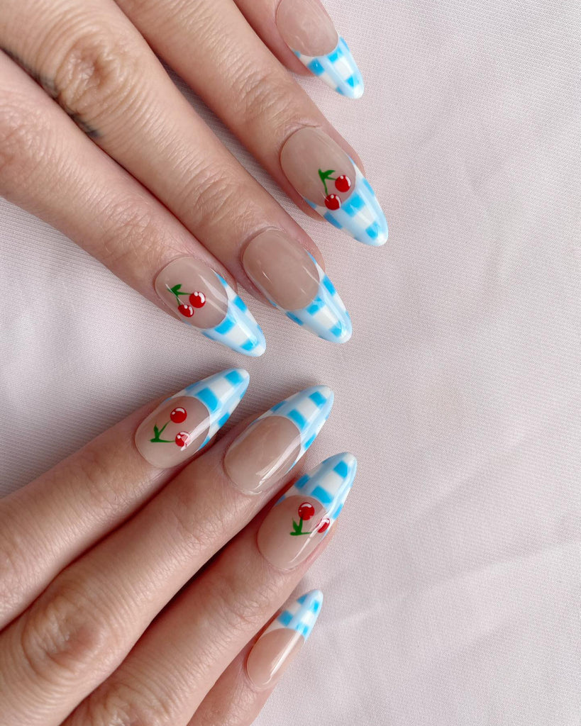 Hand-Painted Blue Cherry Almond Shaped Nails with Sticky Tabs & Kit A154
