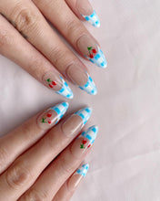Load image into Gallery viewer, Hand-Painted Blue Cherry Almond Shaped Nails with Sticky Tabs &amp; Kit A154