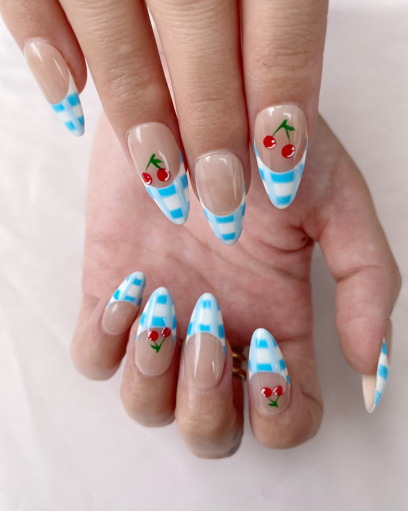 Hand-Painted Blue Cherry Almond Shaped Nails with Sticky Tabs & Kit A154