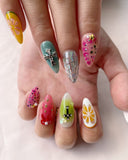 Hand-Painted Chrome Hearts 3D Carved Almond Shaped Nails with Sticky Tabs & Kit E006