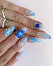 Load image into Gallery viewer, Hand-Painted Blue Bay 3D Carved Almond Shaped Nails with Sticky Tabs &amp; Kit E009