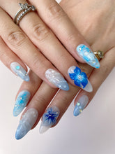 Load image into Gallery viewer, Hand-Painted Blue Bay 3D Carved Almond Shaped Nails with Sticky Tabs &amp; Kit E009