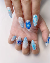 Load image into Gallery viewer, Hand-Painted Blue Bay 3D Carved Almond Shaped Nails with Sticky Tabs &amp; Kit E009
