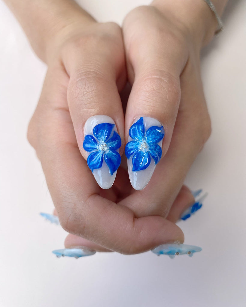 Hand-Painted Blue Bay 3D Carved Almond Shaped Nails with Sticky Tabs & Kit E009