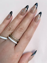 Load image into Gallery viewer, Hand-Painted Star Noir Almond Shaped Nails with Sticky Tabs &amp; Kit A077