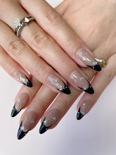 Load image into Gallery viewer, Hand-Painted Star Noir Almond Shaped Nails with Sticky Tabs &amp; Kit A077