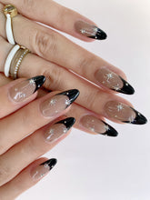 Load image into Gallery viewer, Hand-Painted Star Noir Almond Shaped Nails with Sticky Tabs &amp; Kit A077