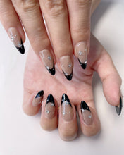 Load image into Gallery viewer, Hand-Painted Star Noir Almond Shaped Nails with Sticky Tabs &amp; Kit A077