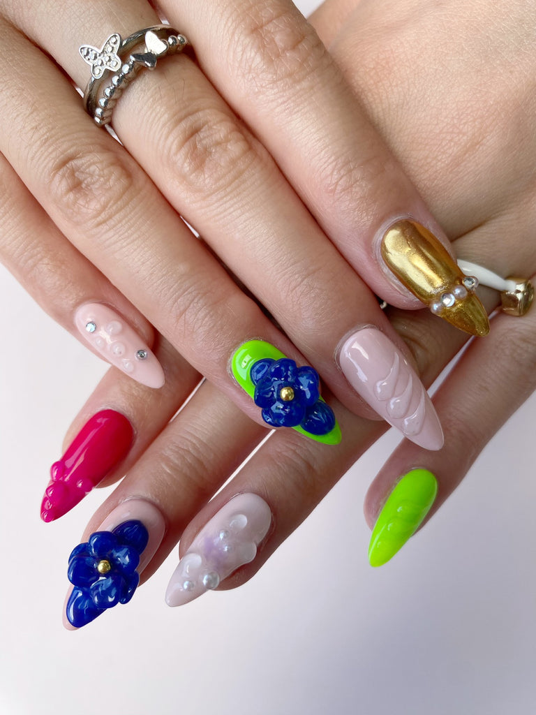 Hand-Painted Colorful Pearls 3D Carved Almond Shaped Nails with Sticky Tabs & Kit E008