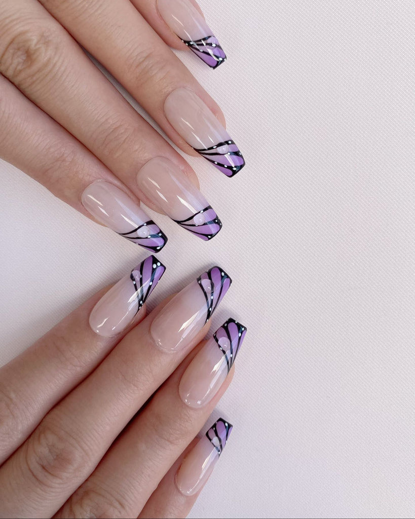 Hand-Painted Amethyst Wings Coffin Press-On Nails with Sticky Tabs & Kit A001
