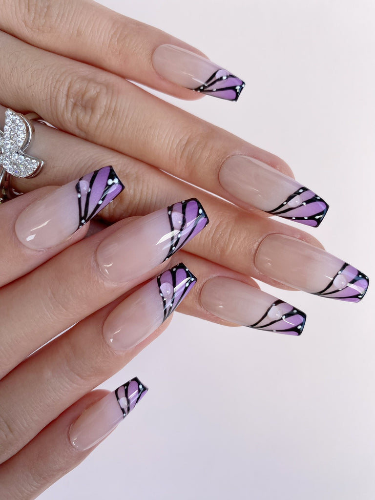 Hand-Painted Amethyst Wings Coffin Press-On Nails with Sticky Tabs & Kit A001