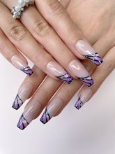Load image into Gallery viewer, Hand-Painted Amethyst Wings Coffin Press-On Nails with Sticky Tabs &amp; Kit A001