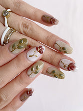 Load image into Gallery viewer, Hand-Painted Berry Bloom 3D Carved Short Oval Nails with Sticky Tabs &amp; Kit F008