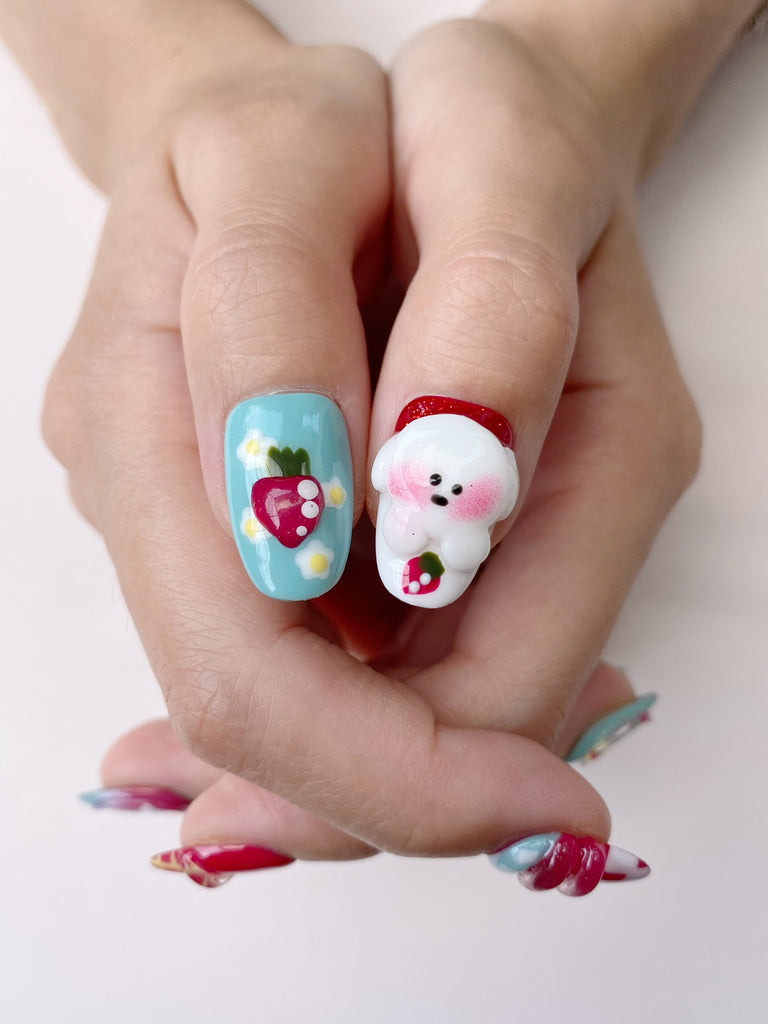 Hand-Painted Lovely Christmas 3D Carved Short Oval Nails with Sticky Tabs & Kit F010
