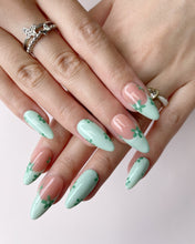 Load image into Gallery viewer, Hand-Painted Emerald Envy Simple Almond Shaped Nails with Sticky Tabs &amp; Kit A163