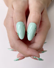Load image into Gallery viewer, Hand-Painted Emerald Envy Simple Almond Shaped Nails with Sticky Tabs &amp; Kit A163