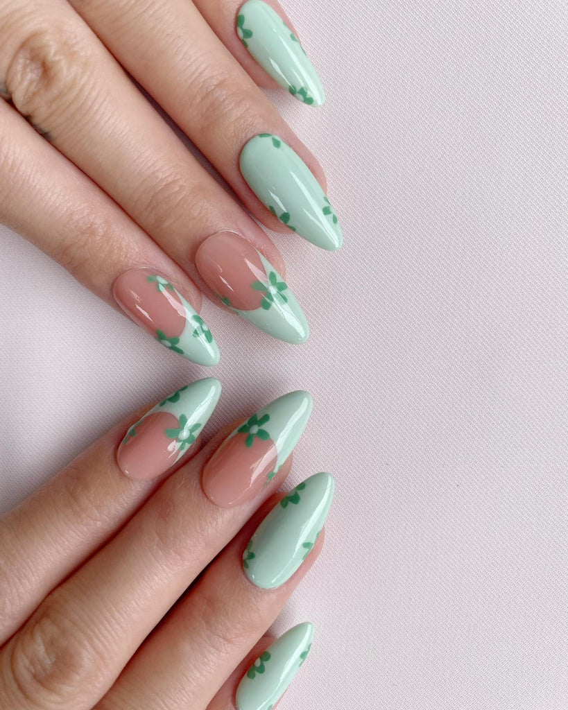 Hand-Painted Emerald Envy Simple Almond Shaped Nails with Sticky Tabs & Kit A163