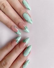 Load image into Gallery viewer, Hand-Painted Emerald Envy Simple Almond Shaped Nails with Sticky Tabs &amp; Kit A163